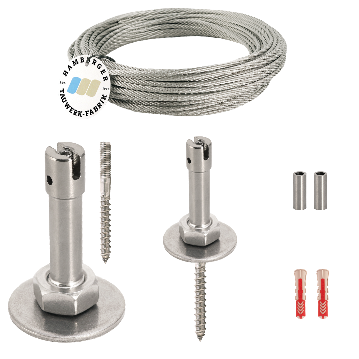 Ranksystem 58mm Bausatz / 2 Wandhalter / 2,5m Drahtseil Ranksystem 58mm Bausatz / 2 Wandhalter / 2,5m Drahtseil