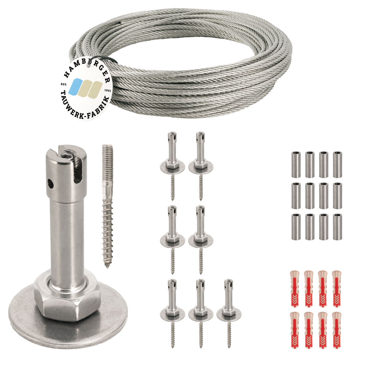 Ranksystem 58mm Bausatz / 8 Wandhalter / 12,5m Drahtseil Ranksystem 58mm Bausatz / 8 Wandhalter / 12,5m Drahtseil