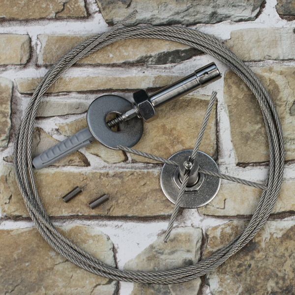 Ranksystem 58mm Bausatz / 2 Wandhalter / 2,5m Drahtseil Ranksystem 58mm Bausatz / 2 Wandhalter / 2,5m Drahtseil