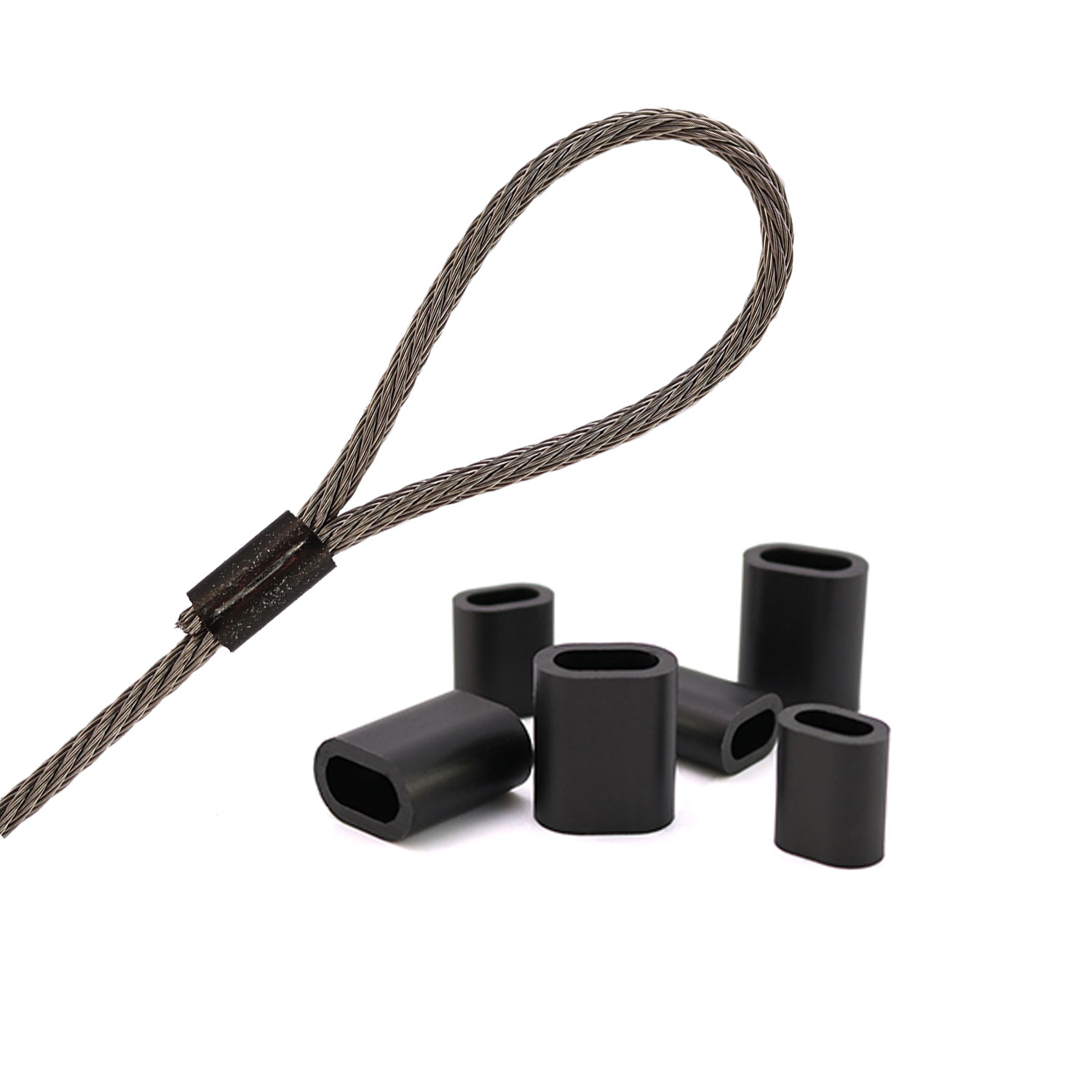 Aluminium Pressklemmen für 1,5 - 5,0mm Drahtseil, PVD Schwarz Aluminium Pressklemmen für 1,5 - 5,0mm Drahtseil, PVD Schwarz